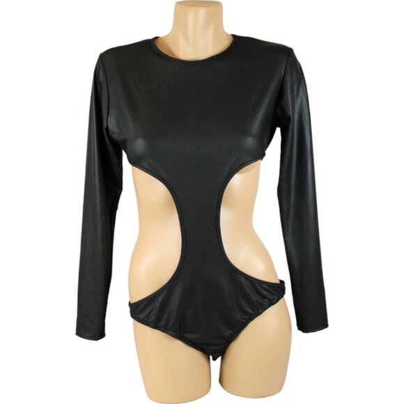 Frederick's of Hollywood Oil Slick Cut Out Bodysuit Black Small Long Sleeve T82 - Picture 2 of 7